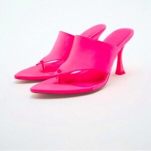 Pink Satin effect high heel sandals with toe post.